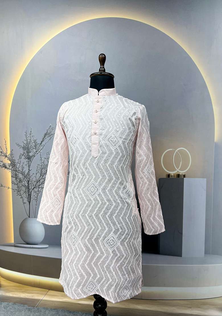Light Pink Embroidery Silk Kurta Set For Men - Indya
