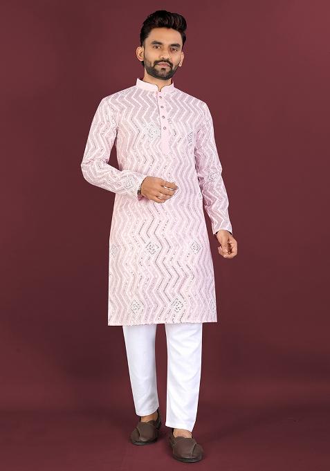 Light Pink Embroidery Silk Kurta Set For Men