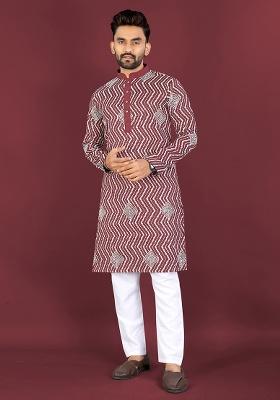 Maroon Embroidery Silk Kurta Set For Men