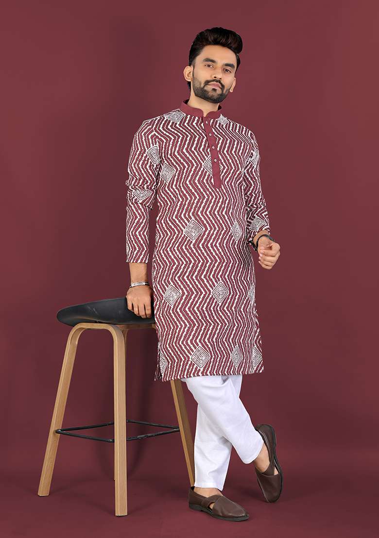 Maroon Embroidery Silk Kurta Set For Men - Indya