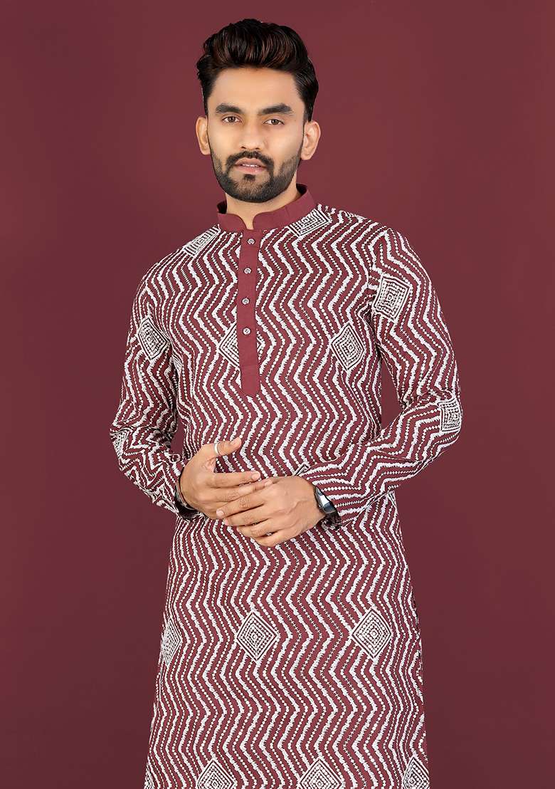 Maroon Embroidery Silk Kurta Set For Men - Indya