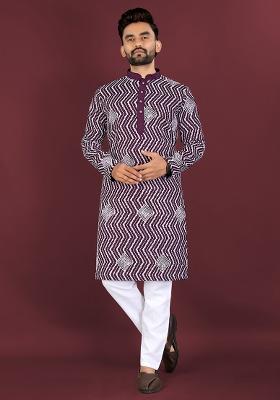 Purple Embroidery Silk Kurta Set For Men