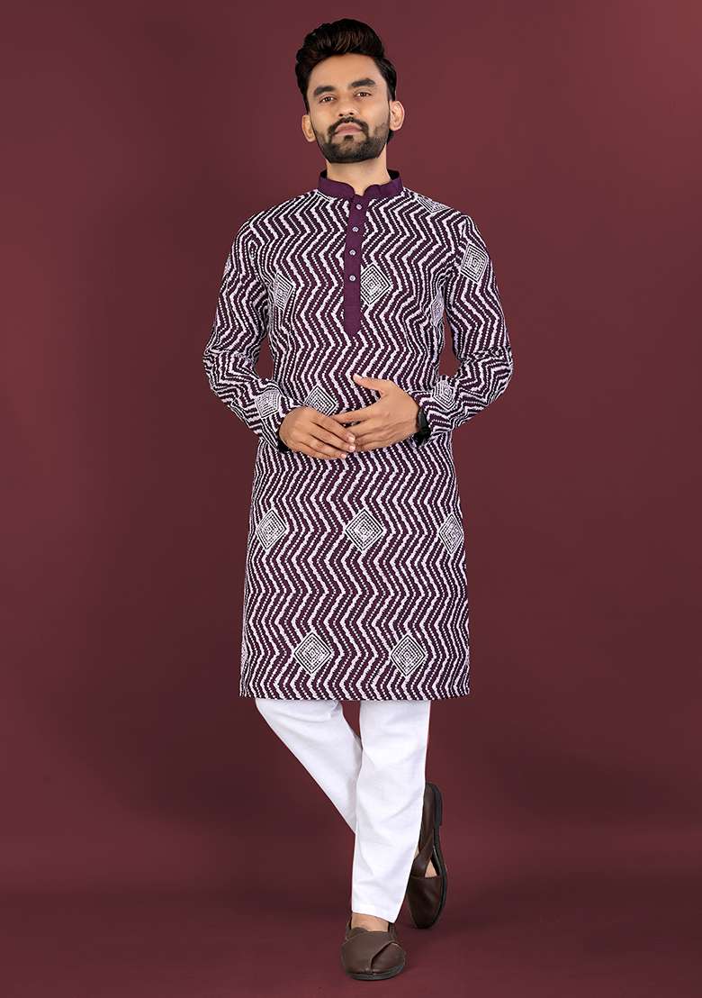 Purple Embroidery Silk Kurta Set For Men - Indya