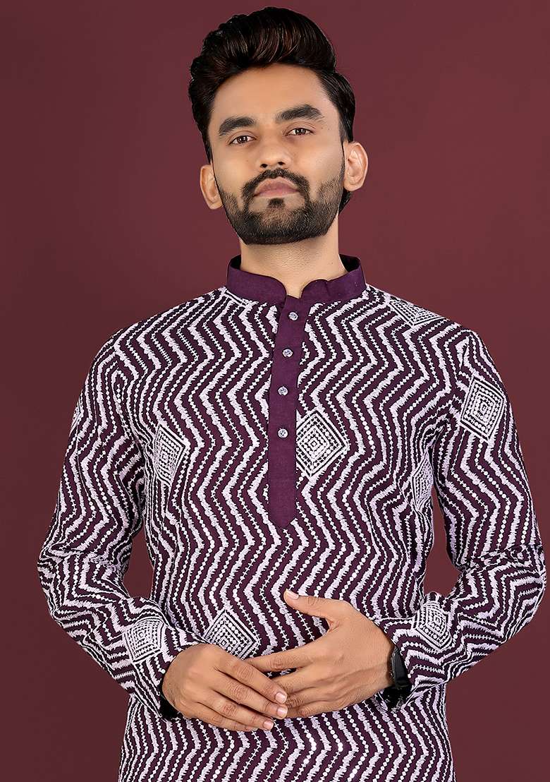 Purple Embroidery Silk Kurta Set For Men - Indya