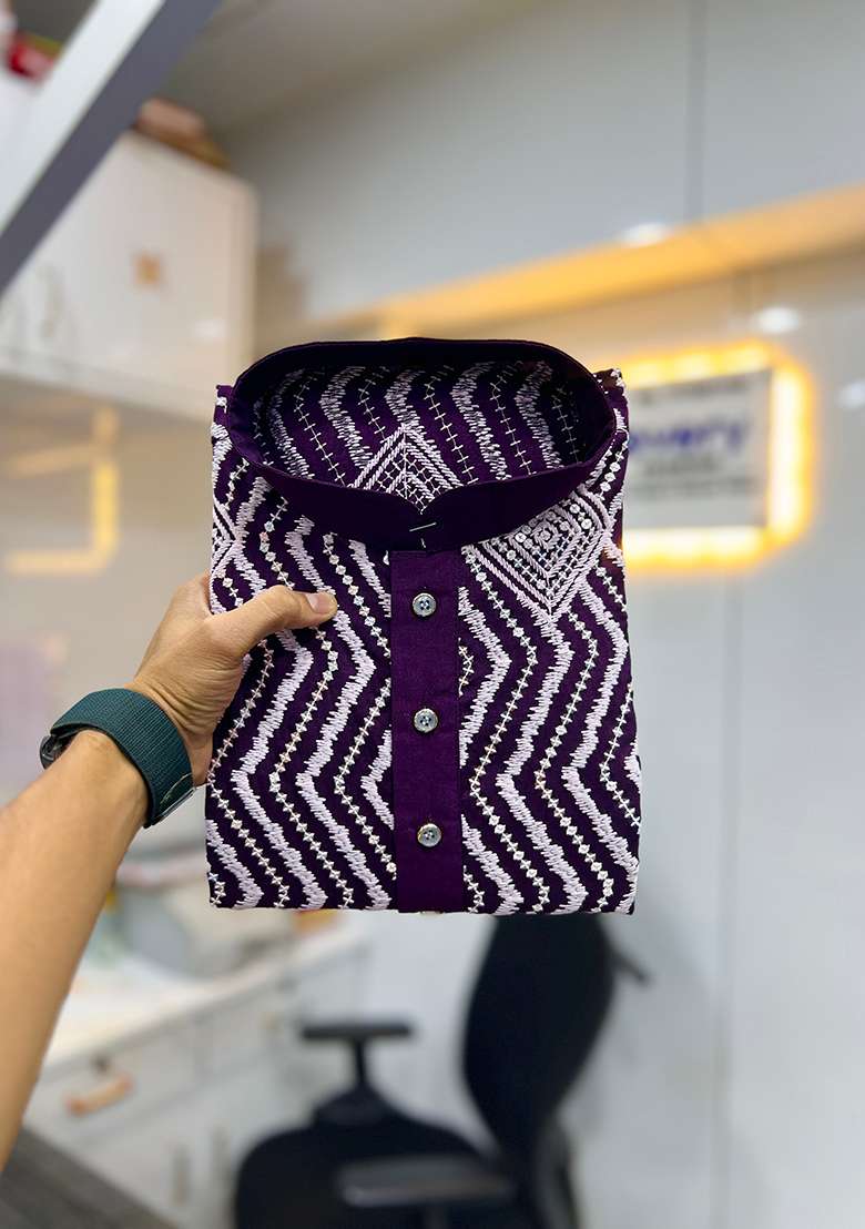 Purple Embroidery Silk Kurta Set For Men - Indya