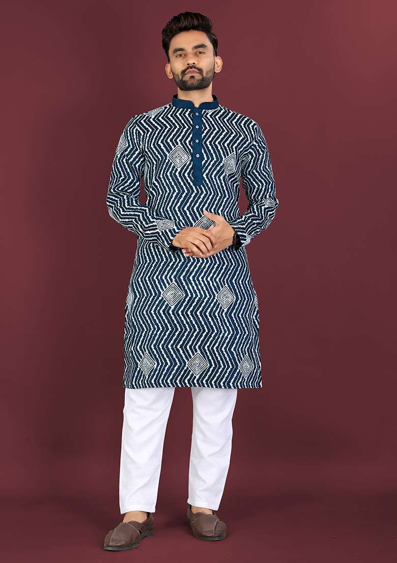 Teal Embroidery Silk Kurta Set For Men - Indya