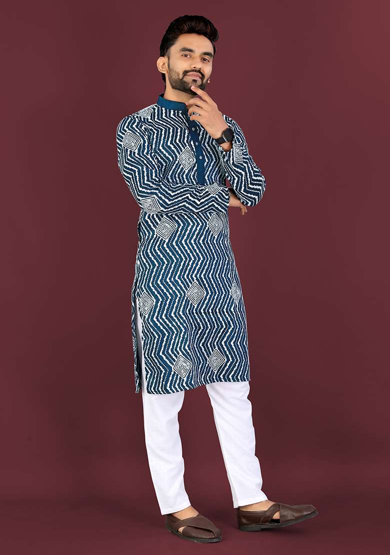 Teal Embroidery Silk Kurta Set For Men - Indya