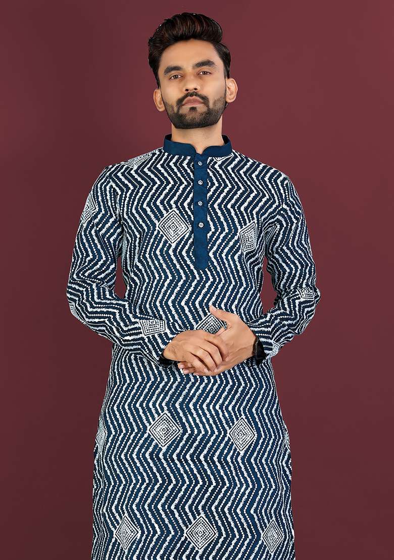 Teal Embroidery Silk Kurta Set For Men - Indya