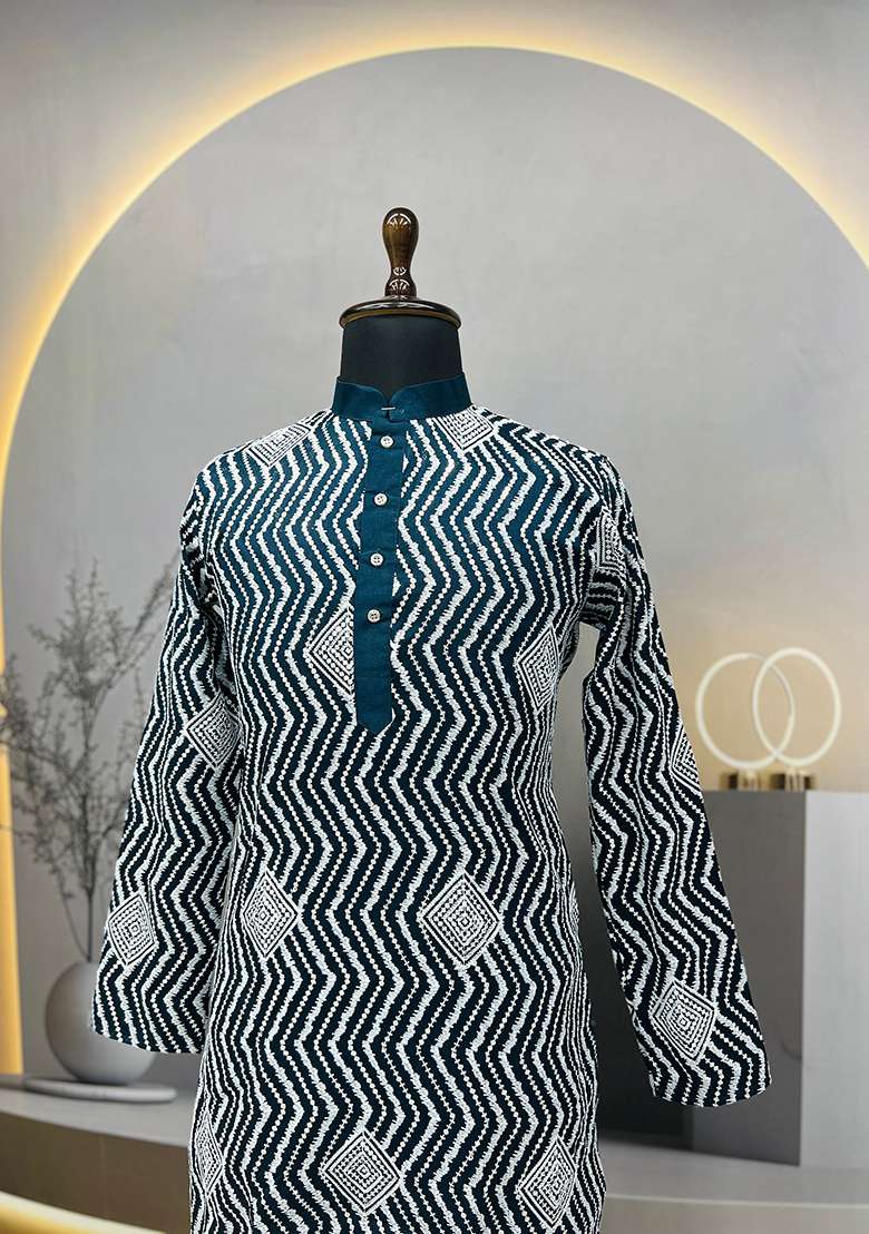 Teal Embroidery Silk Kurta Set For Men - Indya