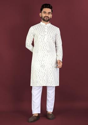 White Embroidery Silk Kurta Set For Men