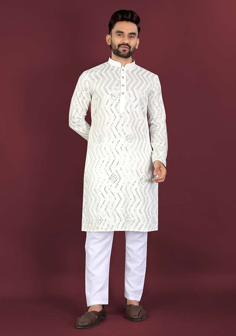 White Embroidery Silk Kurta Set For Men - Indya