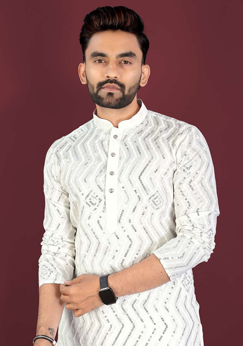 White Embroidery Silk Kurta Set For Men - Indya