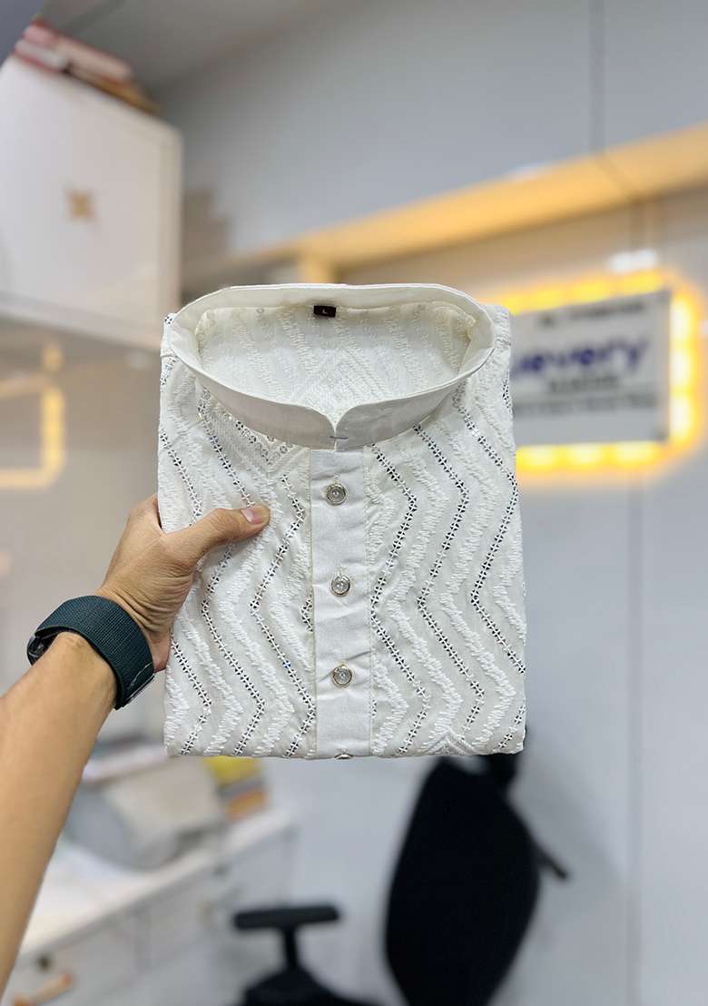 White Embroidery Silk Kurta Set For Men - Indya