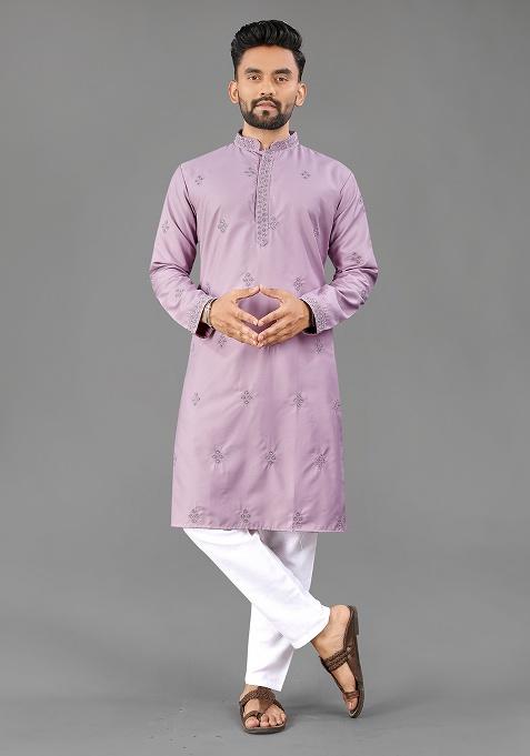 Lavender Val Moti Butta Work Cotton Kurta Set For Men