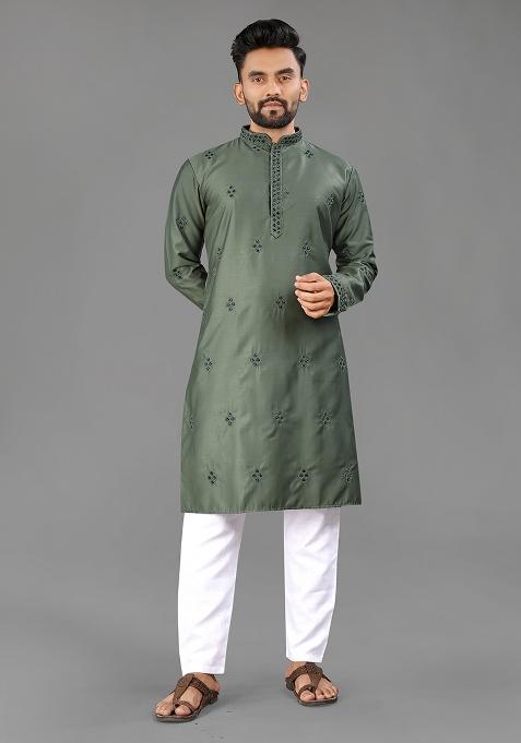 Olive Val Moti Butta Work Cotton Kurta Set For Men
