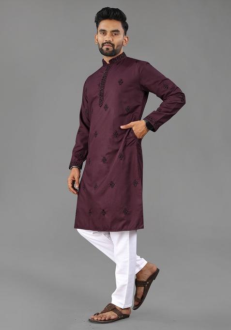 Plum Val Moti Butta Work Cotton Kurta Set For Men