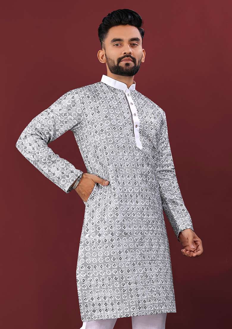 Black Embroidery Silk Kurta Set For Men - Indya