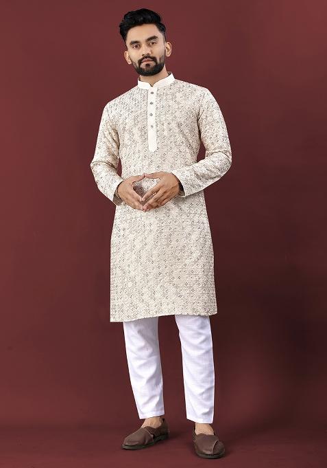 Cream Embroidery Silk Kurta Set For Men