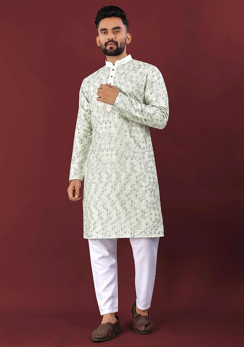 Green Embroidery Silk Kurta Set For Men - Indya