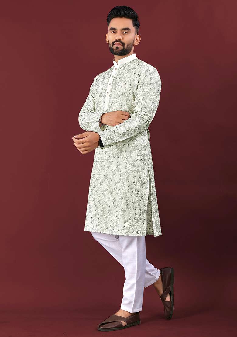 Green Embroidery Silk Kurta Set For Men - Indya