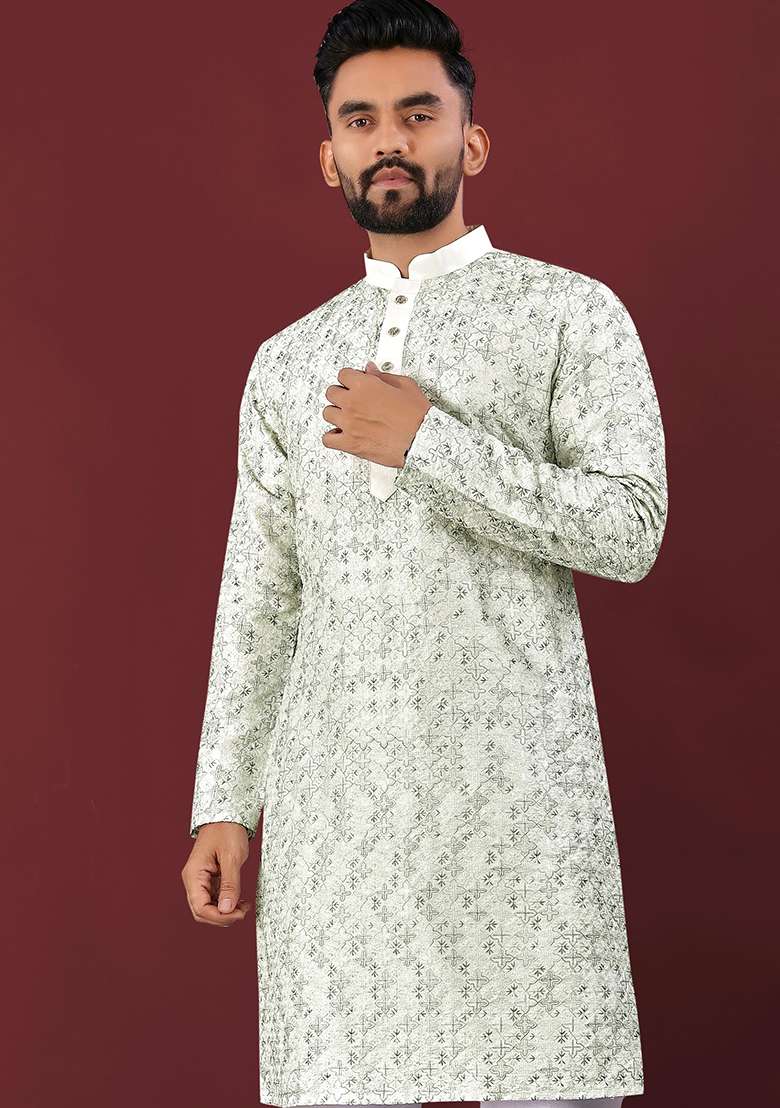 Green Embroidery Silk Kurta Set For Men - Indya