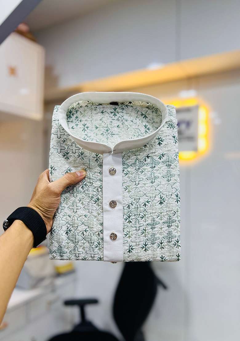 Green Embroidery Silk Kurta Set For Men - Indya