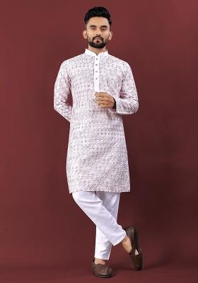 Lavender Embroidery Silk Kurta Set For Men