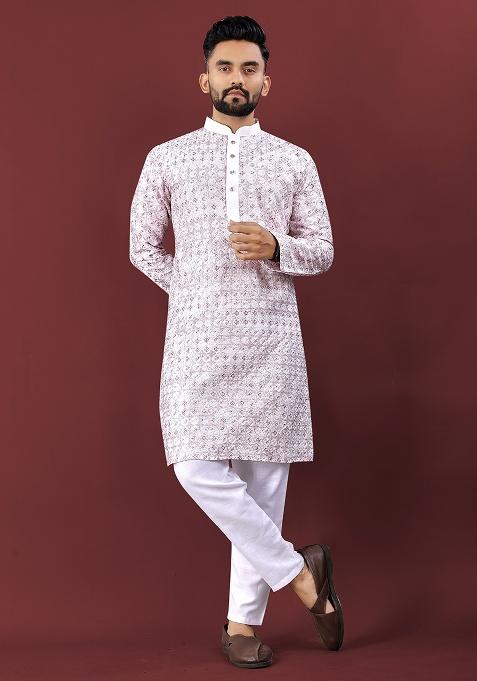 Lavender Embroidery Silk Kurta Set For Men