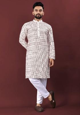 Maroon Embroidery Silk Kurta Set For Men