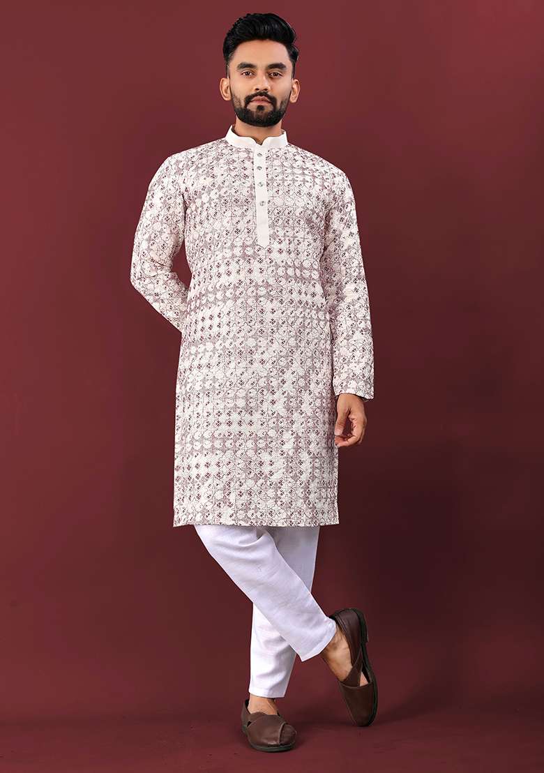Maroon Embroidery Silk Kurta Set For Men - Indya