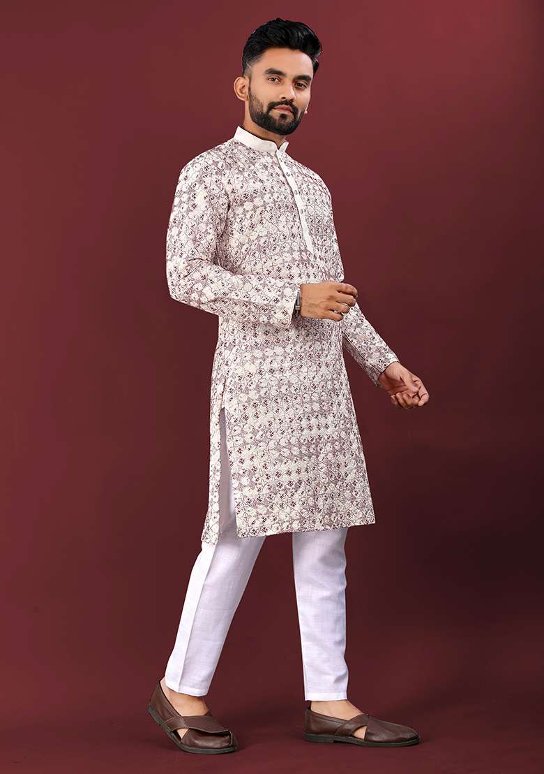 Maroon Embroidery Silk Kurta Set For Men - Indya