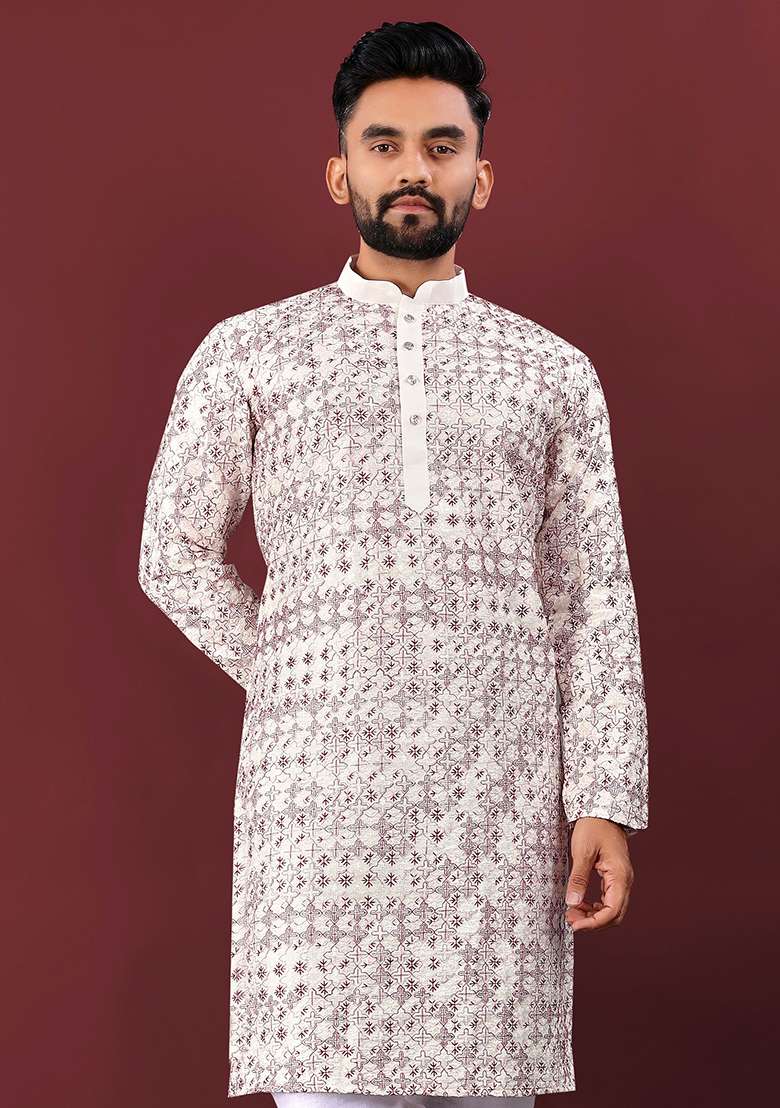 Maroon Embroidery Silk Kurta Set For Men - Indya