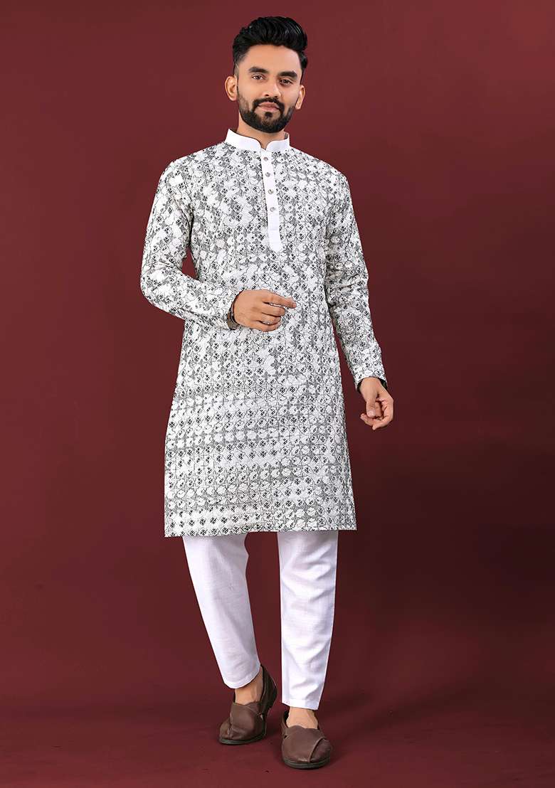 White Embroidery Silk Kurta Set For Men - Indya