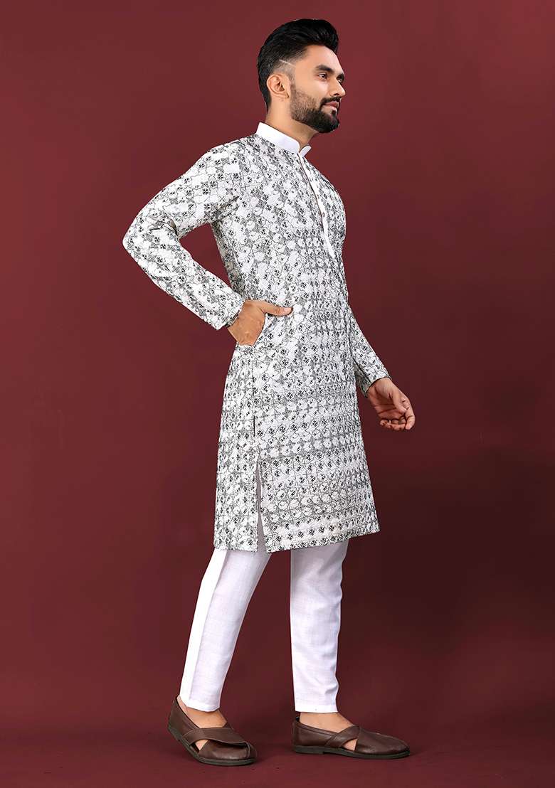 White Embroidery Silk Kurta Set For Men - Indya