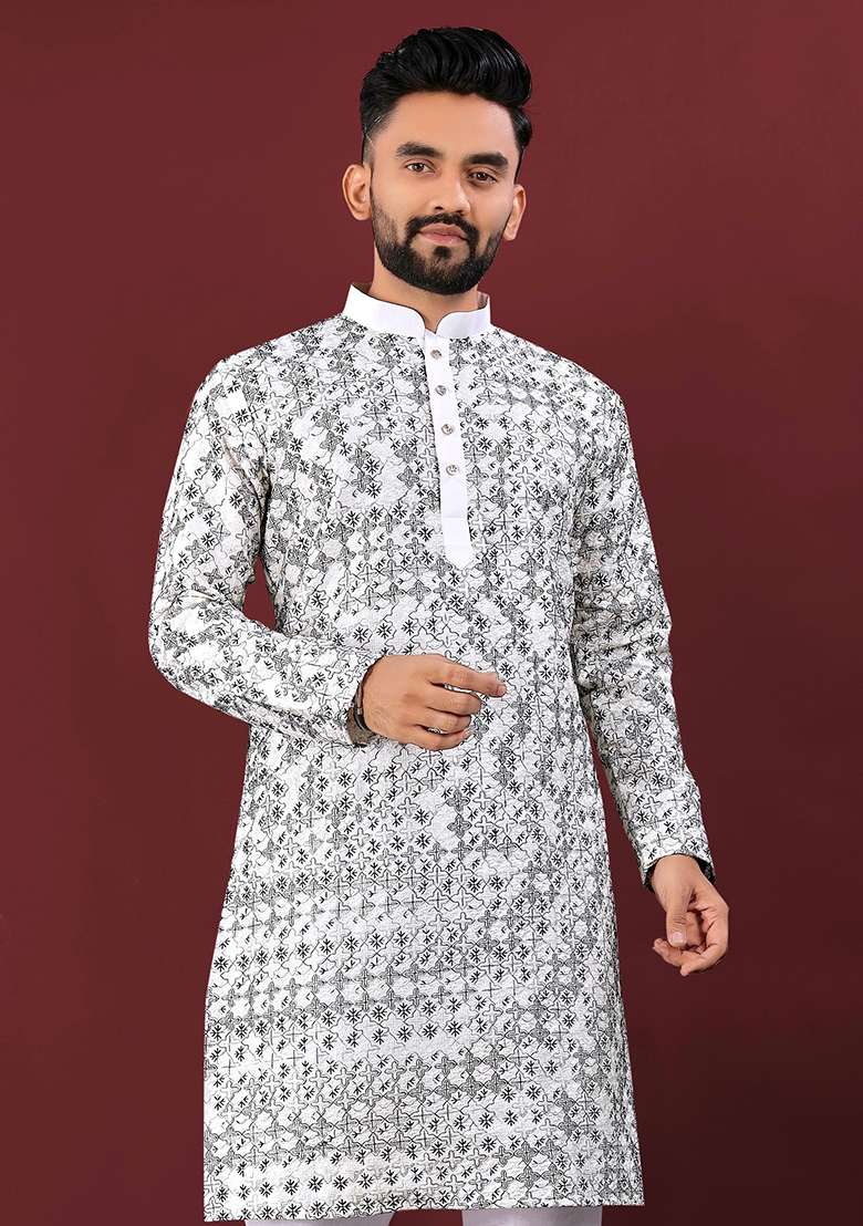 White Embroidery Silk Kurta Set For Men - Indya