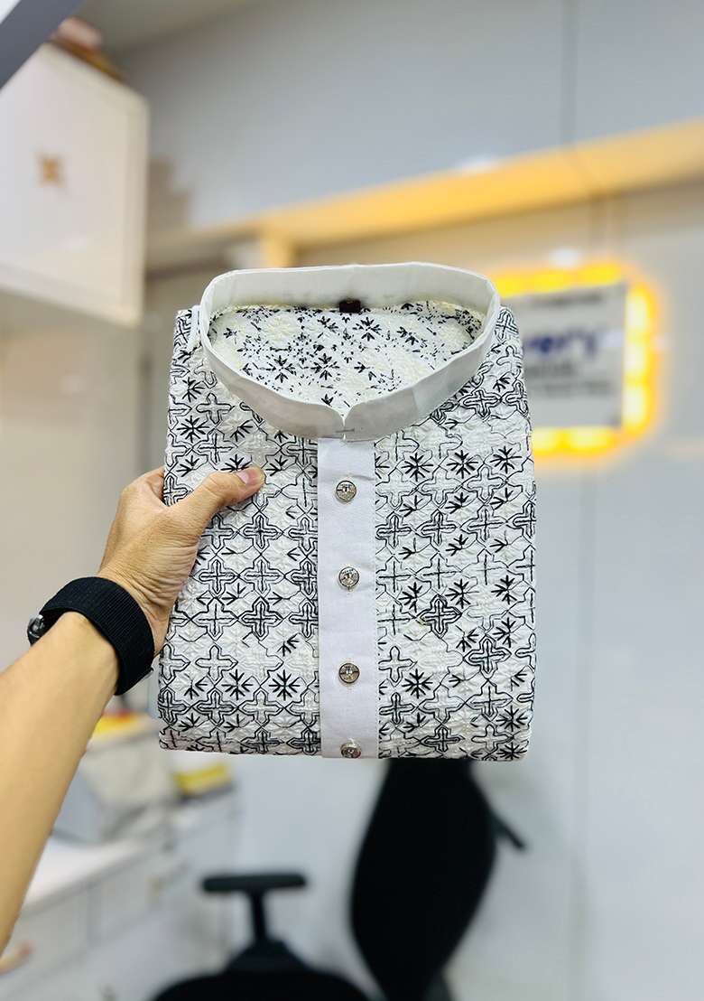 White Embroidery Silk Kurta Set For Men - Indya