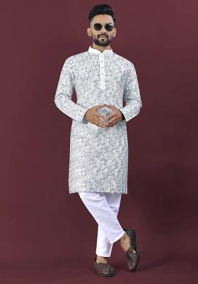 Teal Embroidery Silk Kurta Set For Men