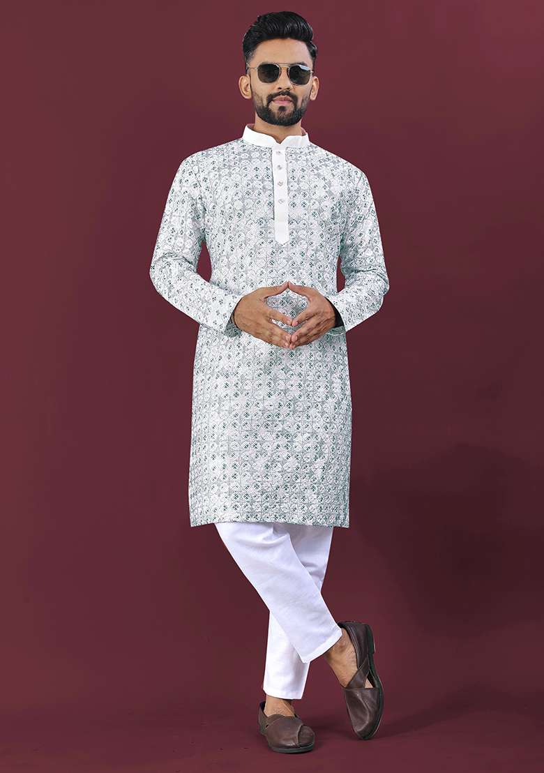Teal Embroidery Silk Kurta Set For Men - Indya