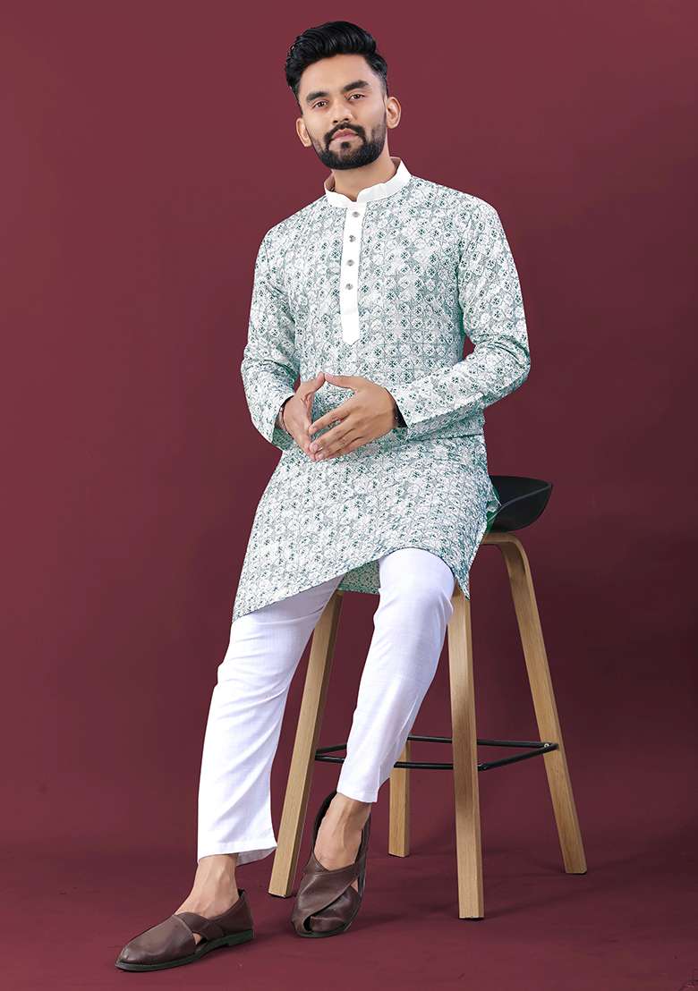 Teal Embroidery Silk Kurta Set For Men - Indya