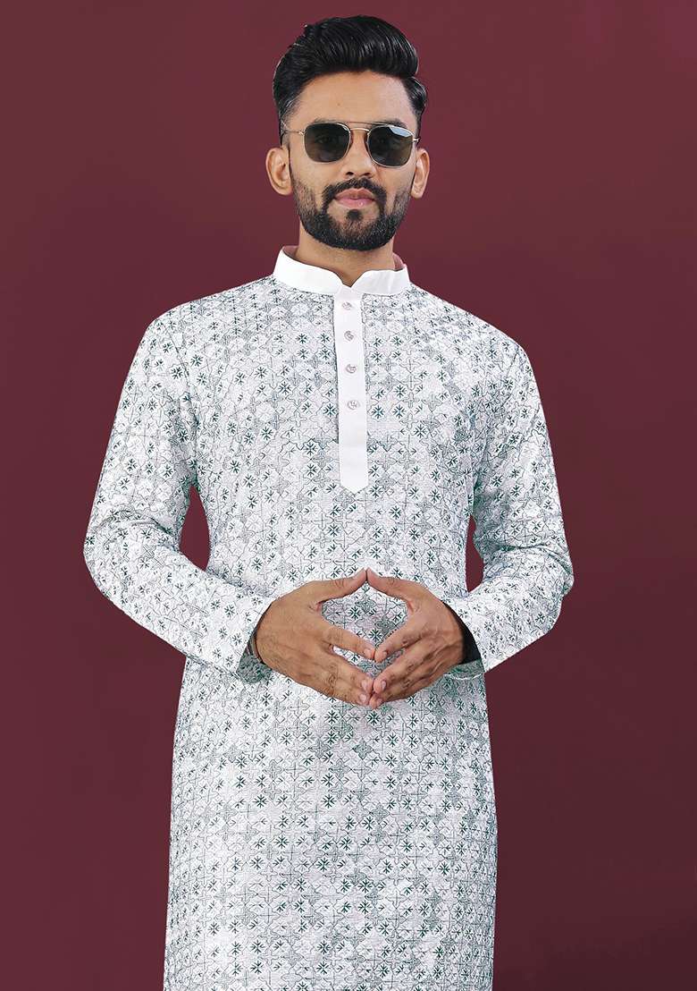 Teal Embroidery Silk Kurta Set For Men - Indya
