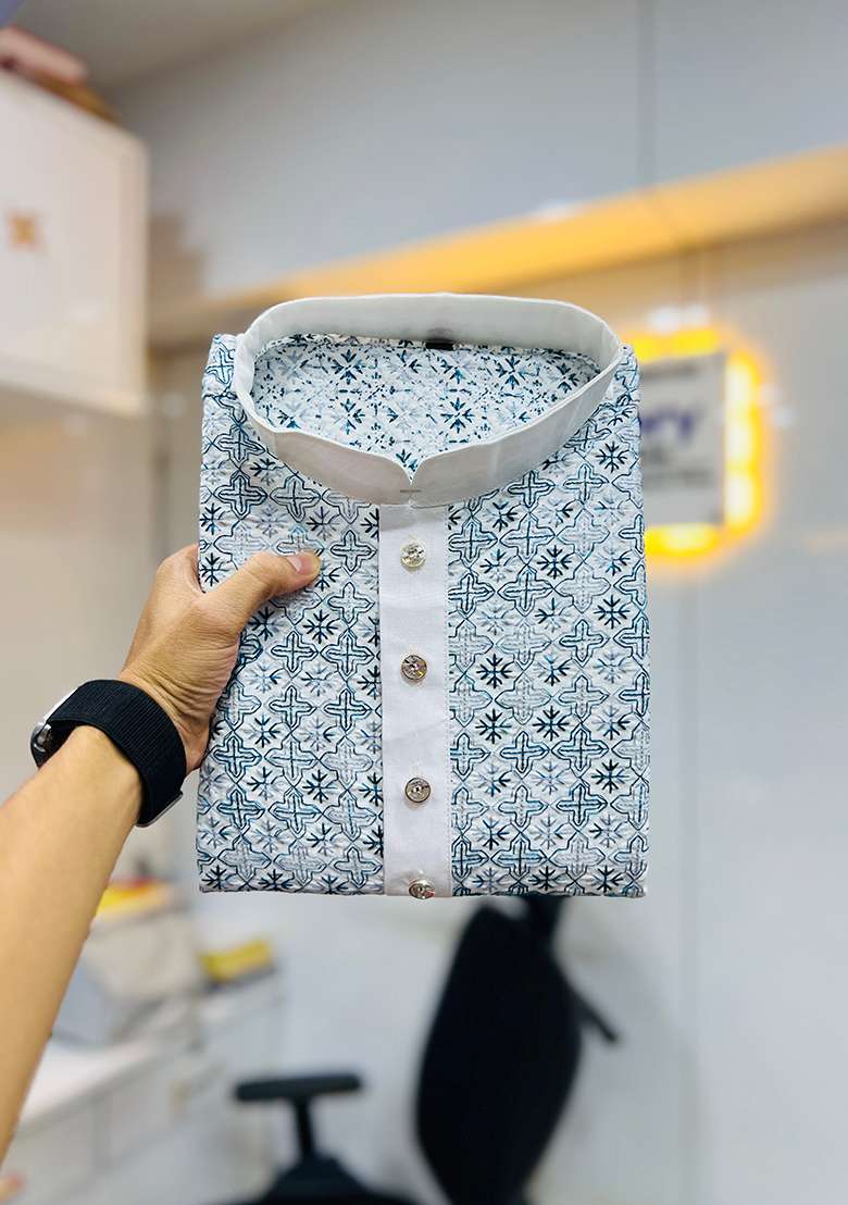 Teal Embroidery Silk Kurta Set For Men - Indya