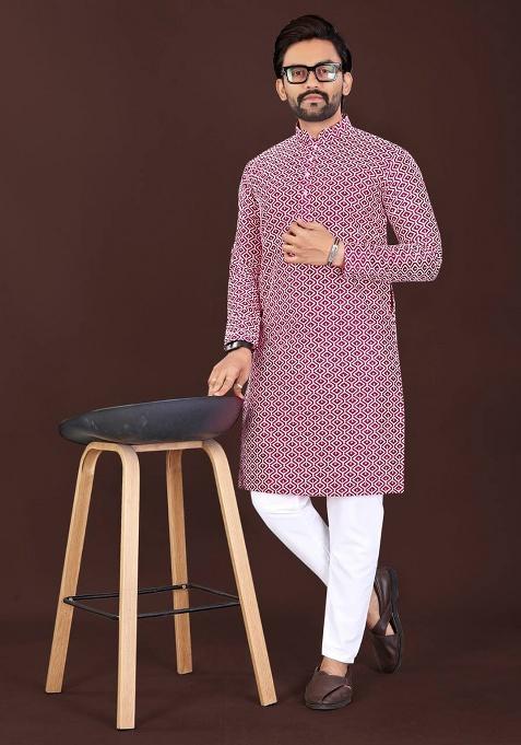 Pink Chikankari Cotton Kurta Set For Men