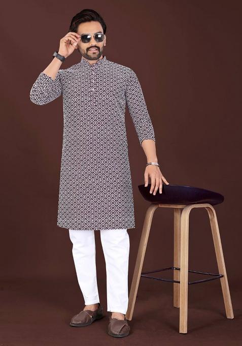 Plum Chikankari Cotton Kurta Set For Men