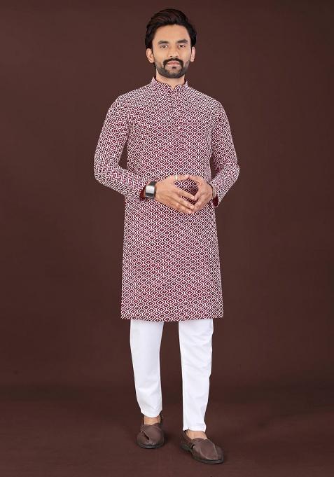 Red Chikankari Cotton Kurta Set For Men