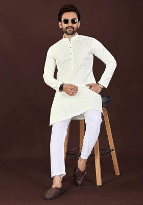 Off White Chikankari Cotton Kurta Set For Men