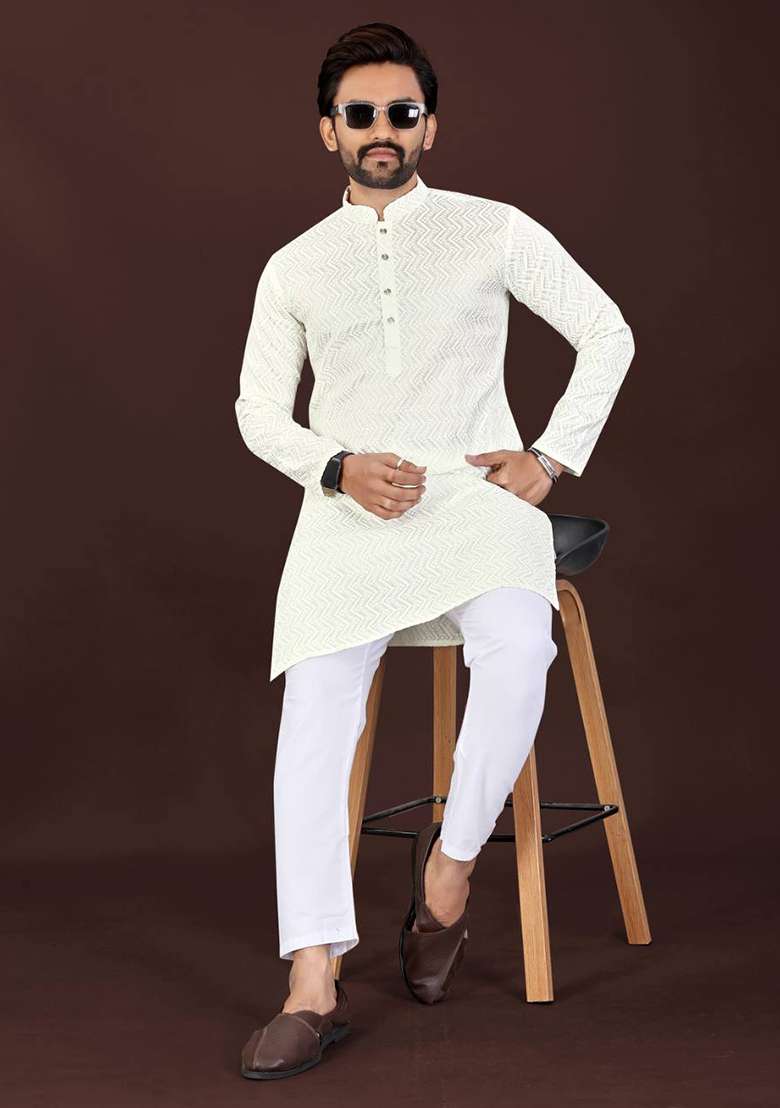 Off White Chikankari Cotton Kurta Set For Men - Indya