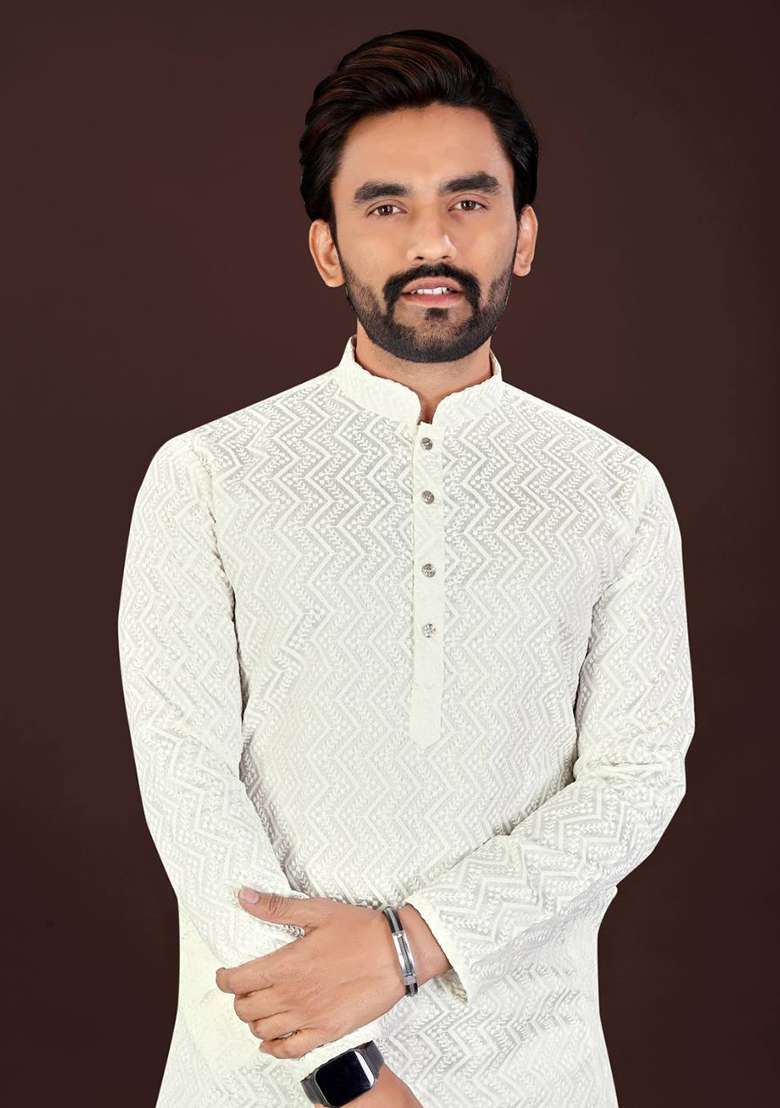 Off White Chikankari Cotton Kurta Set For Men - Indya