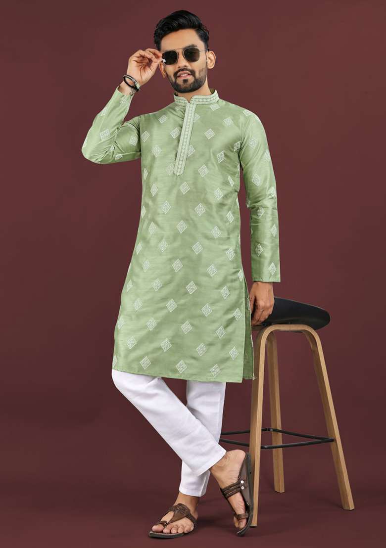 Green Embroidery Silk Kurta Set For Men - Indya