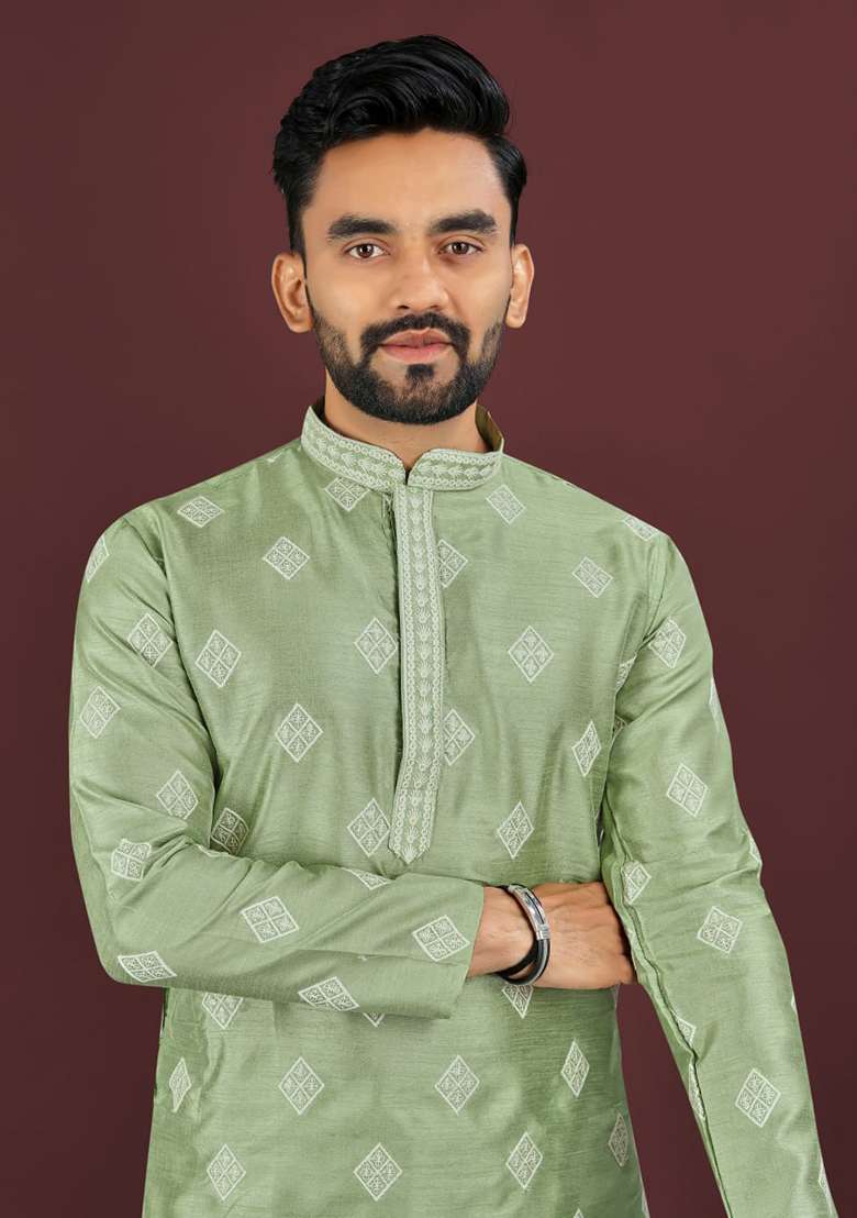 Green Embroidery Silk Kurta Set For Men - Indya