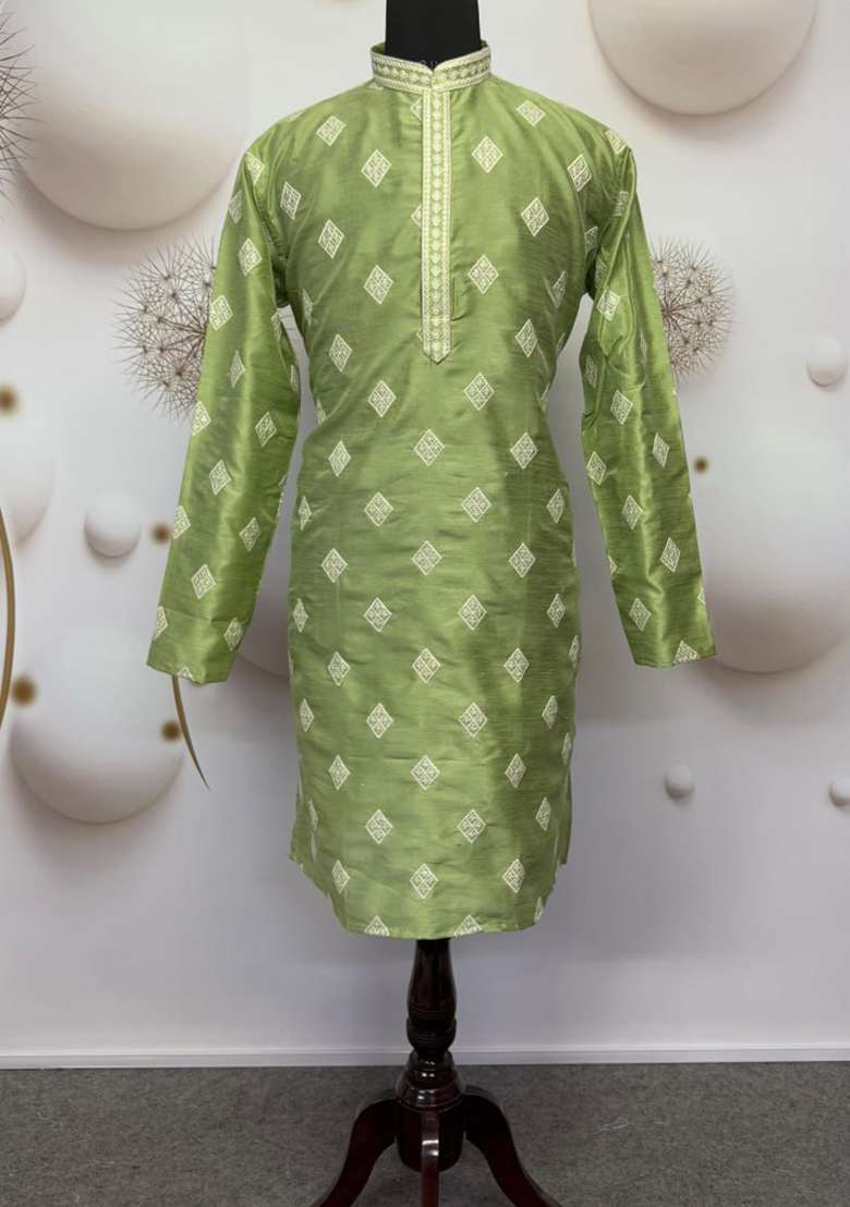 Green Embroidery Silk Kurta Set For Men - Indya